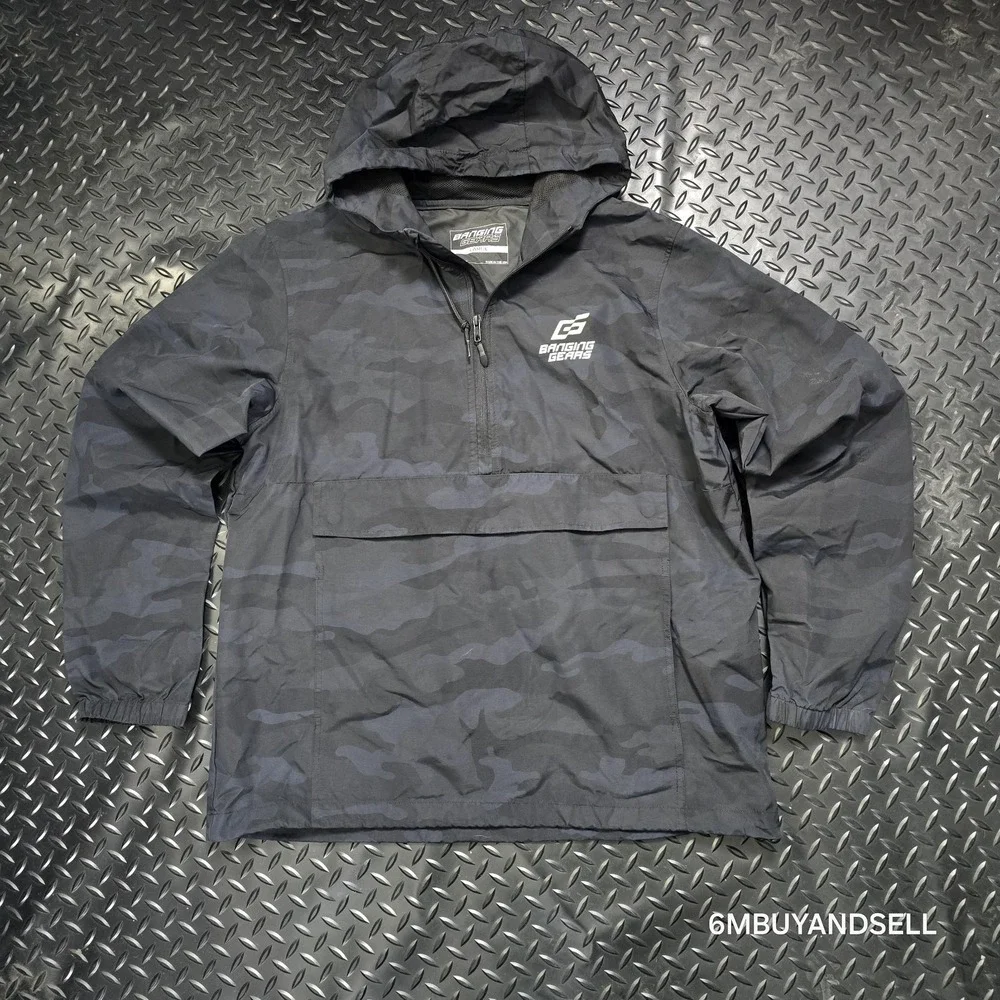 Banging Gears Camo Anorak‎ Jacket Large Black Nylon Hooded Windbreaker USA - Picture 8 of 10